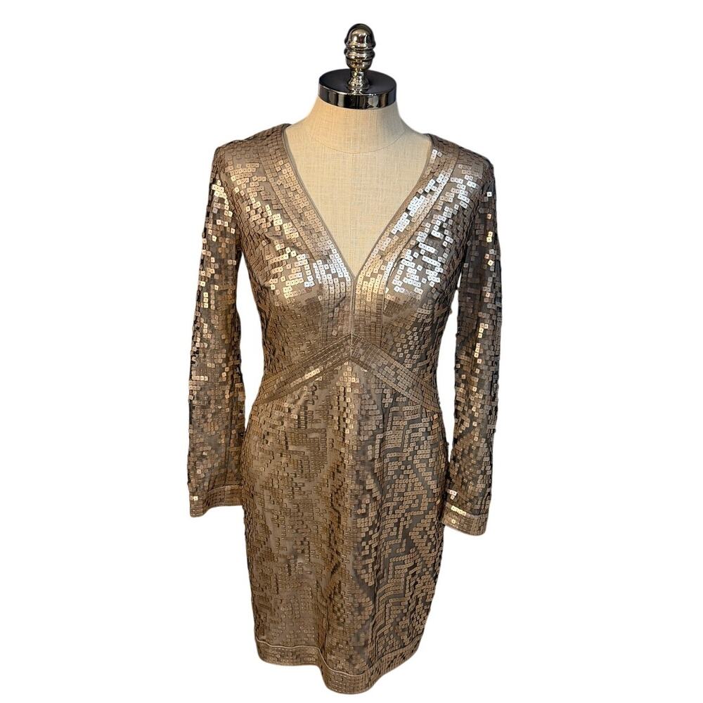 Tadashi Shoji Mitzi Dress Sz 10 Rose Gold Square Sequin Illusion Sleeve Cocktail
